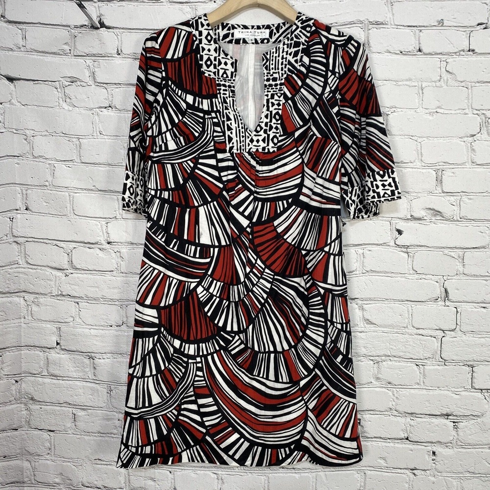 Trina Turk Women's Shift Dress Size 6 Split Neck Abstract Lined 2114533 No Belt - Picture 1 of 16
